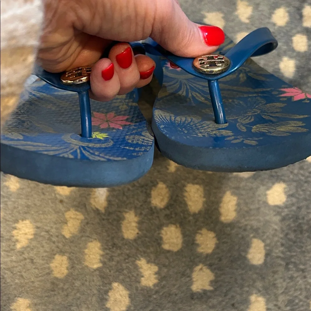 Tory Burch Navy and Gold Floral Sandals